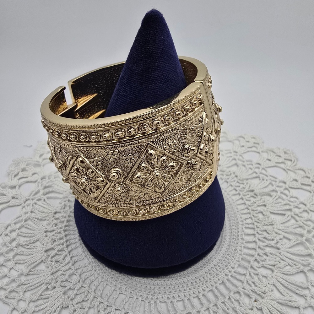 RJ Graziano Bracelet Gold Tone Etruscan Style Hinged Cuff Statement Byzantine